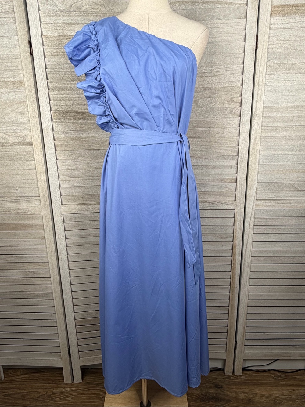 ZESICA One Shoulder Sleeveless Ruffle Maxi Dress Dusty Blue-Large